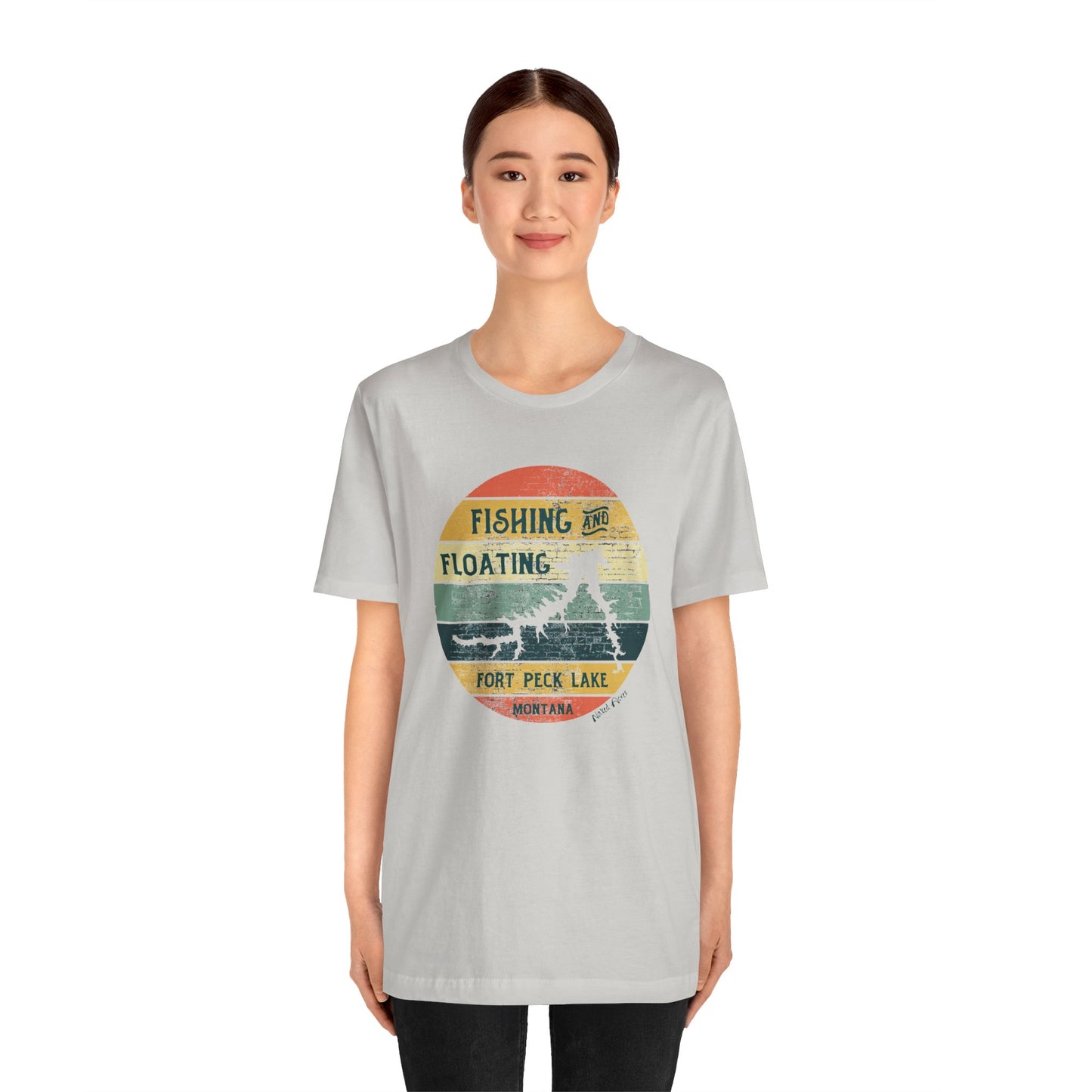 Naked Acres Fishing and Floating Fort Peck Lake MT Adult Unisex Jersey Short Sleeve Tee in White, Natural, Silver, Heather Olive, Army, and Heather Ice Blue