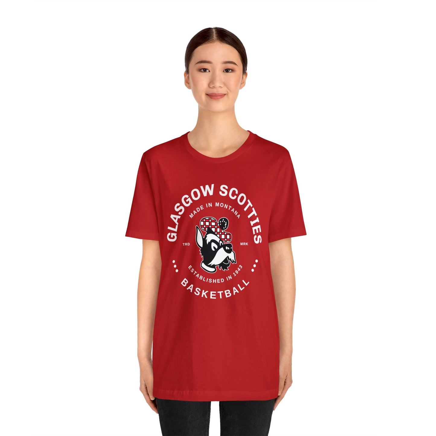 Glasgow Scotties Basketball Trademark Adult Unisex Jersey Short Sleeve Tee in Black, Red or Heather Red