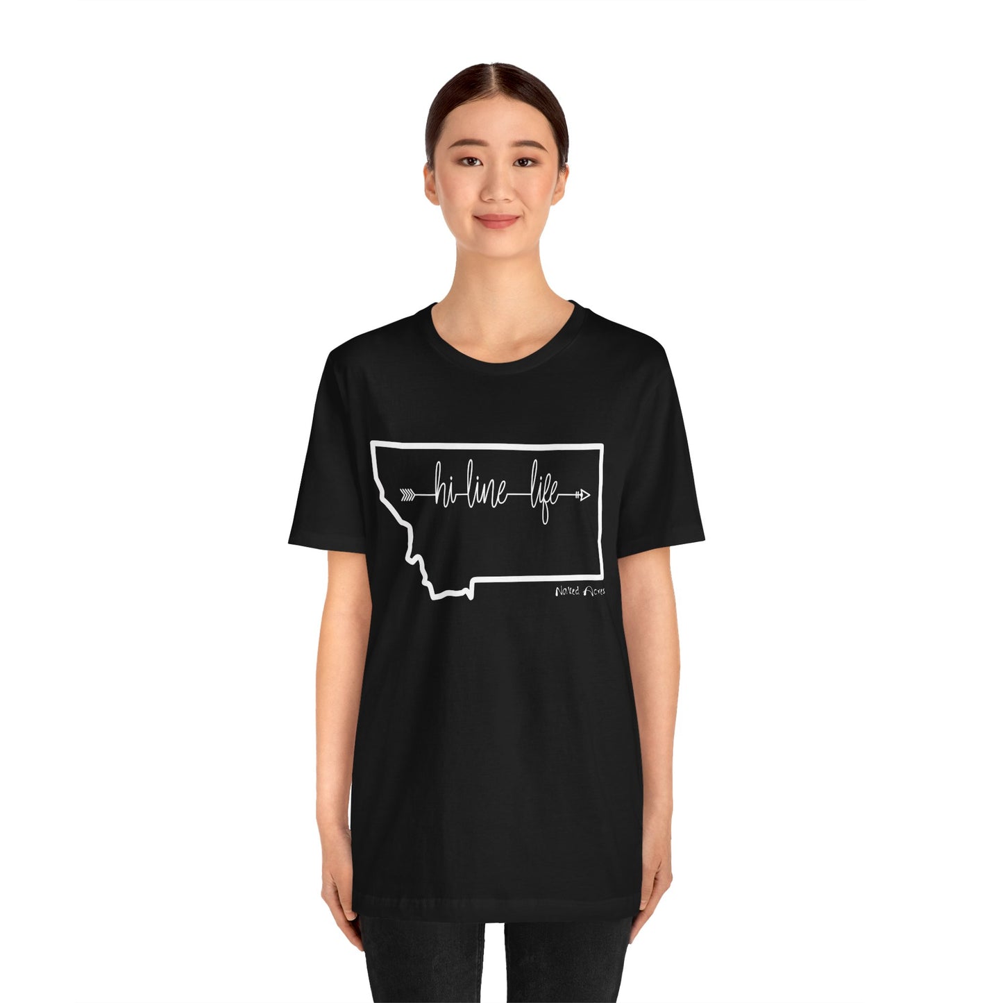 Naked Acres Hi-Line Life MT Adult Unisex Jersey Short Sleeve Tee in Black, Deep Heather, or Army