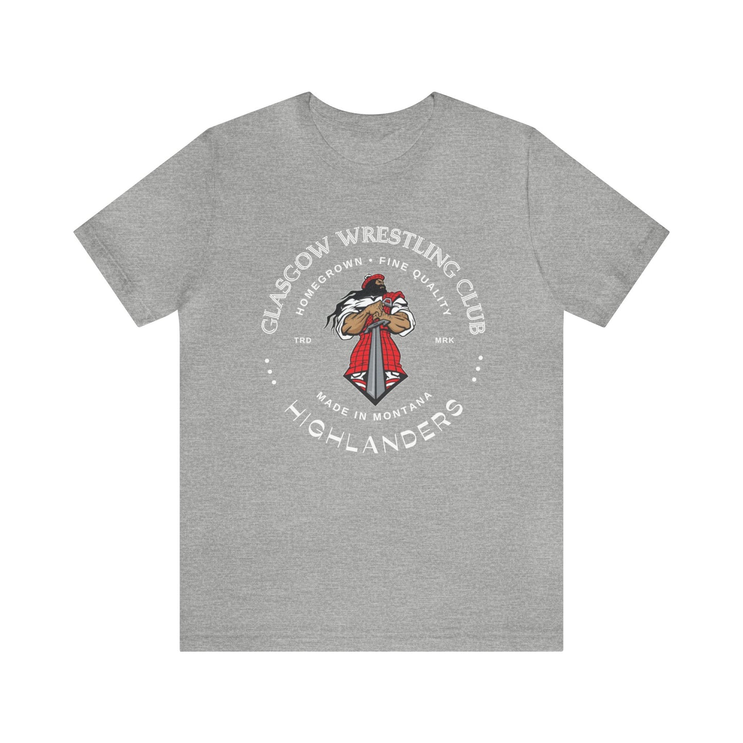 Glasgow Highlanders for him Trade Mark Adult Unisex Jersey Short Sleeve Tee in Black, Athletic Heather, Dark Grey Heather, or Heather Red