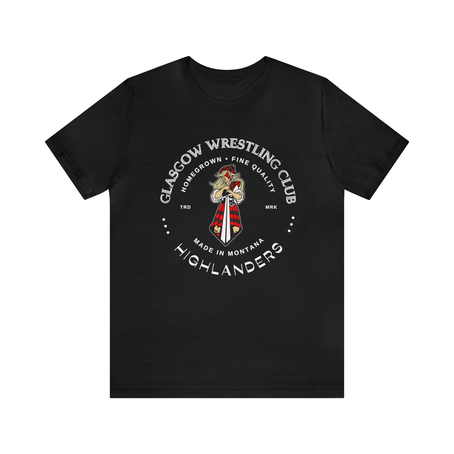 Glasgow Highlanders for her Trademark Adult Unisex Jersey Short Sleeve Tee in Black, Athletic Heather, Dark Grey Heather, or Heather Red
