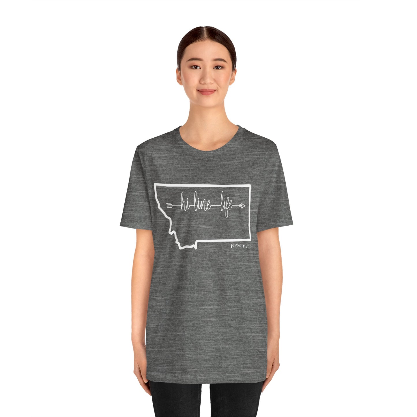 Naked Acres Hi-Line Life MT Adult Unisex Jersey Short Sleeve Tee in Black, Deep Heather, or Army