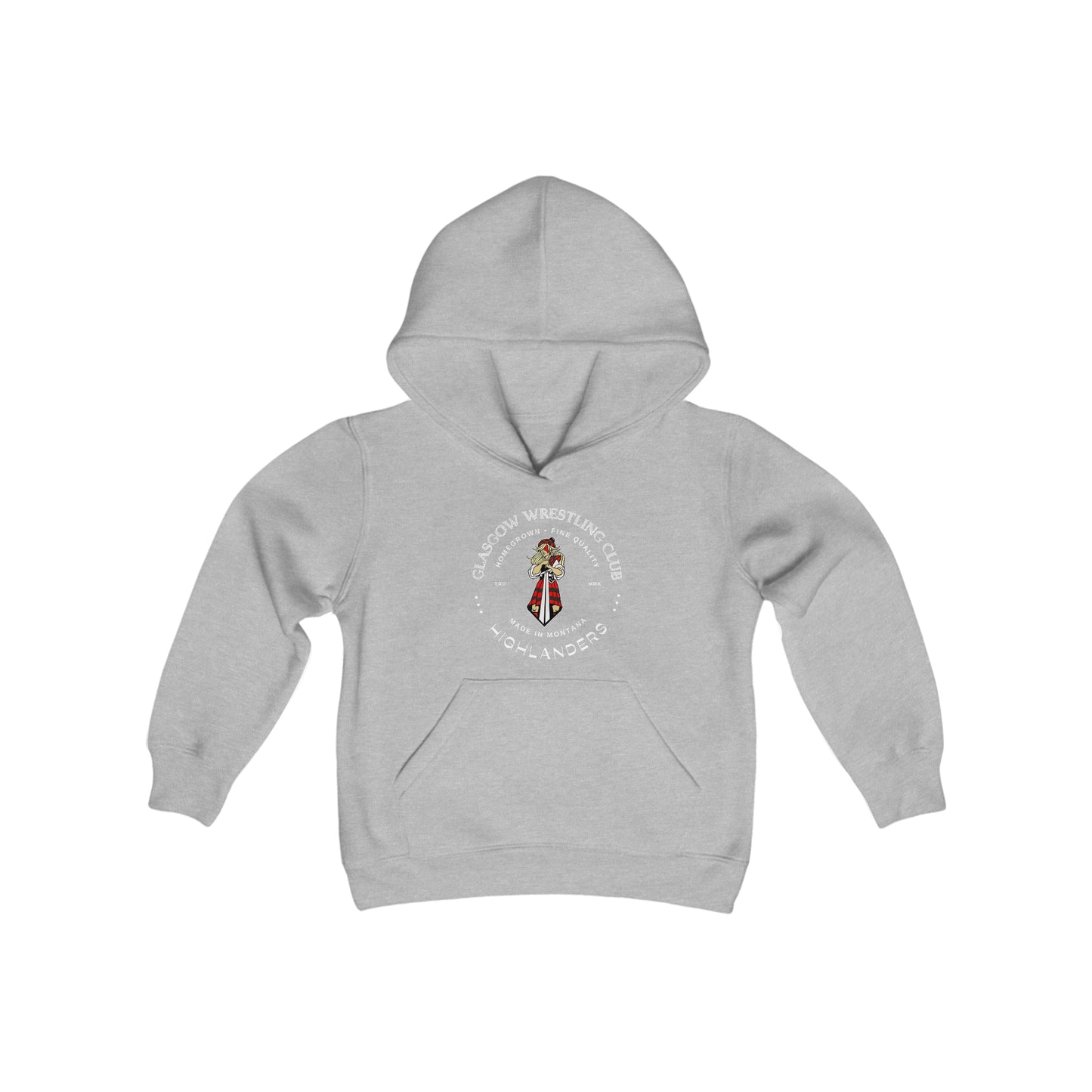Glasgow Highlanders for her Trademark Youth Heavy Blend Hooded Sweatshirt in Black, Dark Heather, Sport Grey, or Red