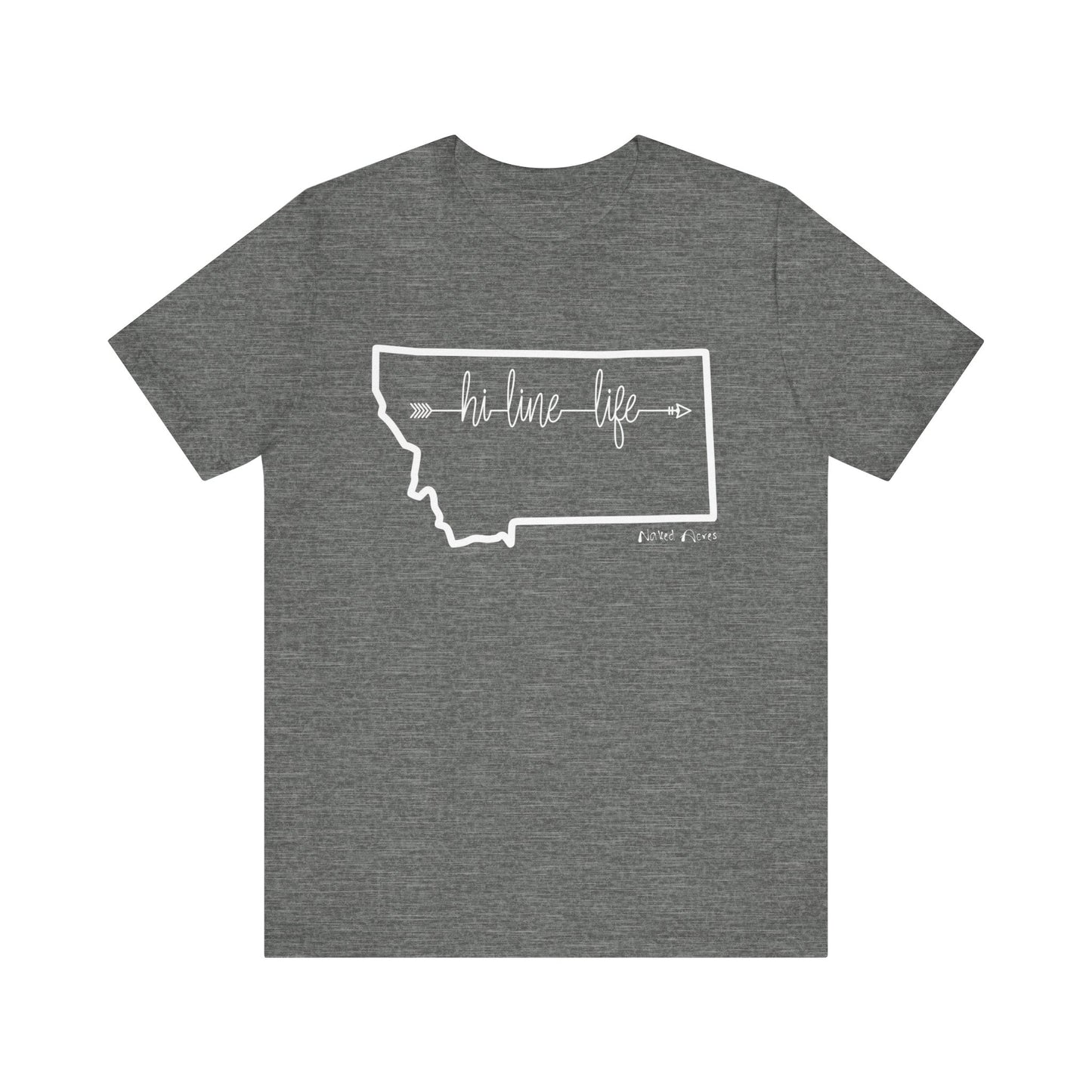 Naked Acres Hi-Line Life MT Adult Unisex Jersey Short Sleeve Tee in Black, Deep Heather, or Army