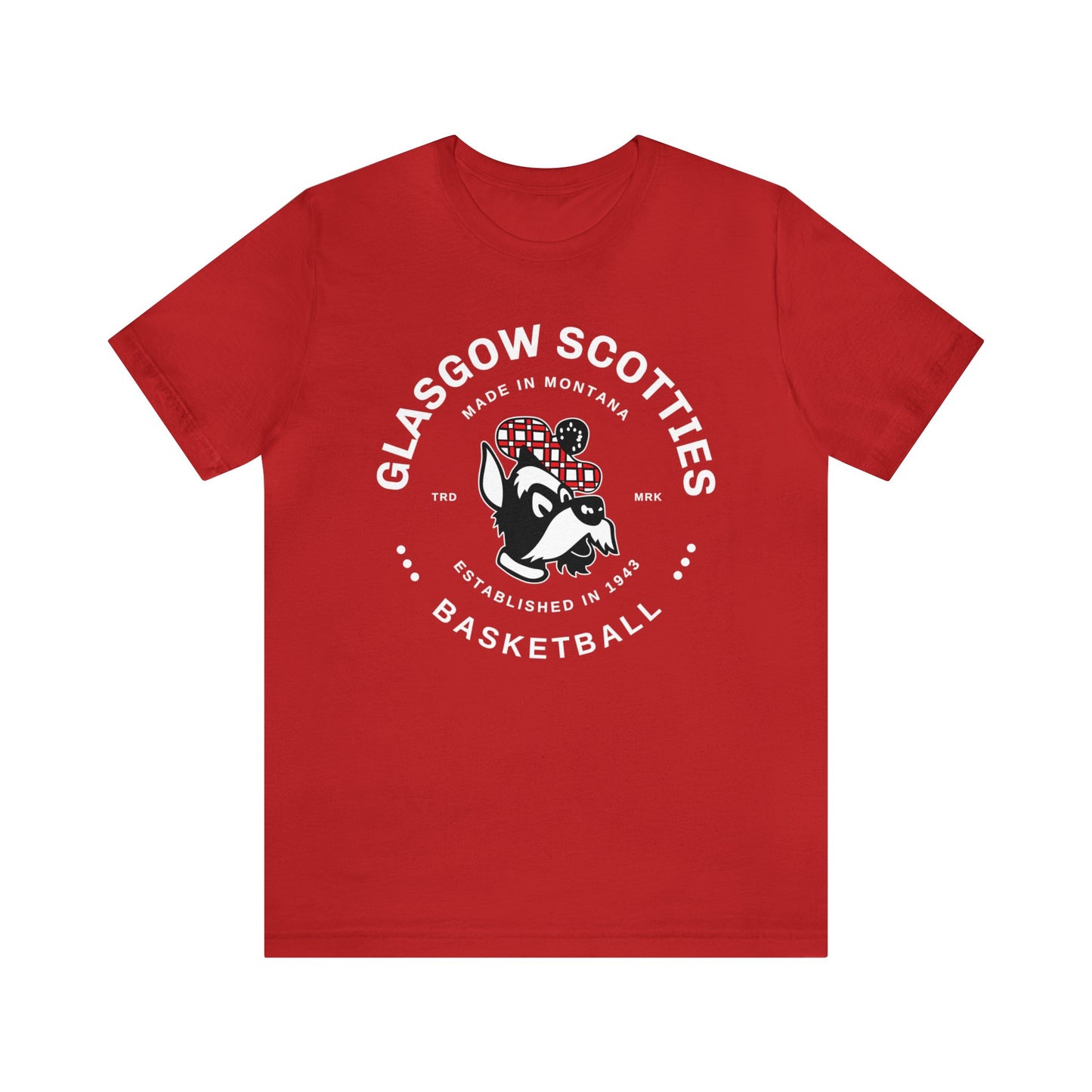 Glasgow Scotties Basketball Trademark Adult Unisex Jersey Short Sleeve Tee in Black, Red or Heather Red