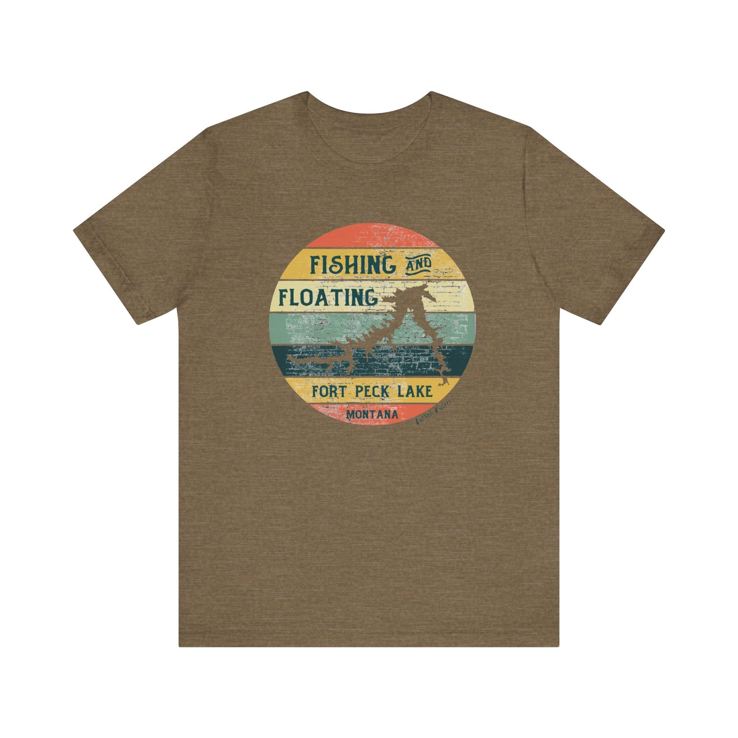 Naked Acres Fishing and Floating Fort Peck Lake MT Adult Unisex Jersey Short Sleeve Tee in White, Natural, Silver, Heather Olive, Army, and Heather Ice Blue