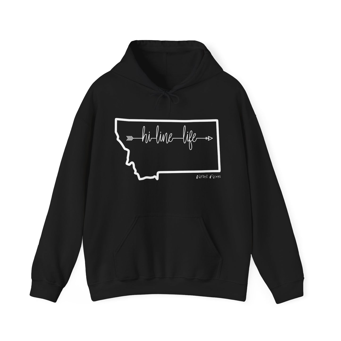 Naked Acres Hi-Line Life MT Adult Unisex Heavy Blend™ Hooded Sweatshirt in Black or Dark Heather