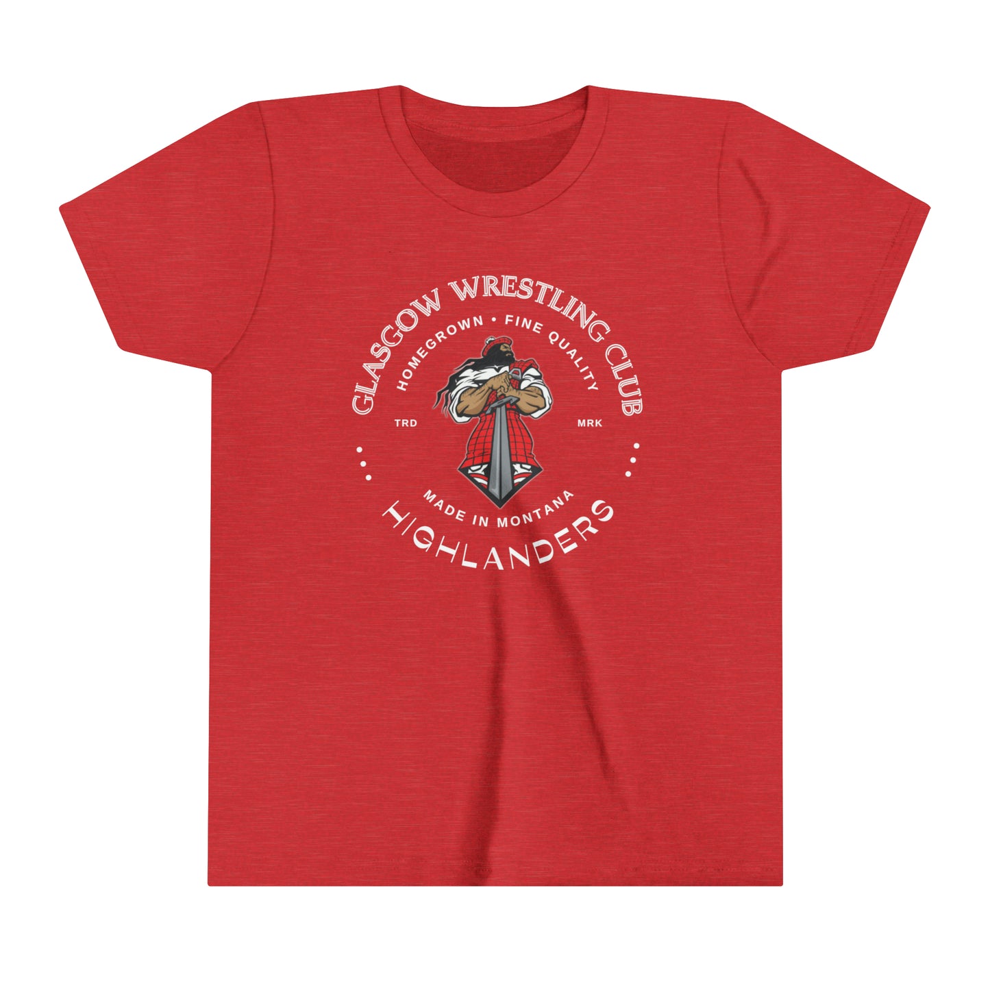 Glasgow Highlanders for him Trade Mark Youth Short Sleeve Tee in Black, Dark Grey Heather, Athletic Heather, or Heather Red