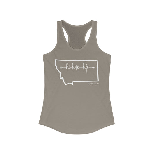 Naked Acres Hi-Line Life MT Women's Ideal Racerback Tank in Black, Heather Grey, Warm Grey, Military Green, and Indigo