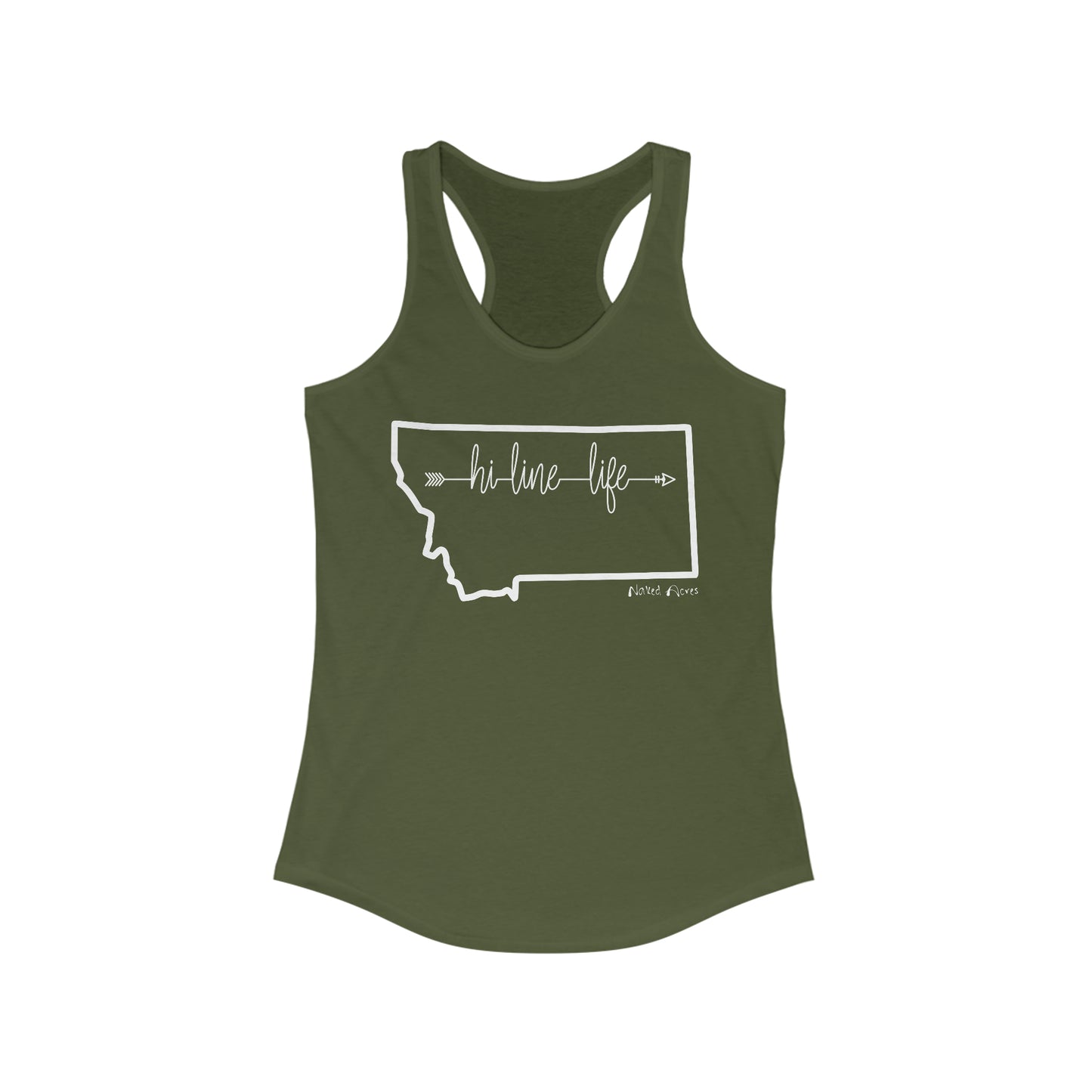 Naked Acres Hi-Line Life MT Women's Ideal Racerback Tank in Black, Heather Grey, Warm Grey, Military Green, and Indigo