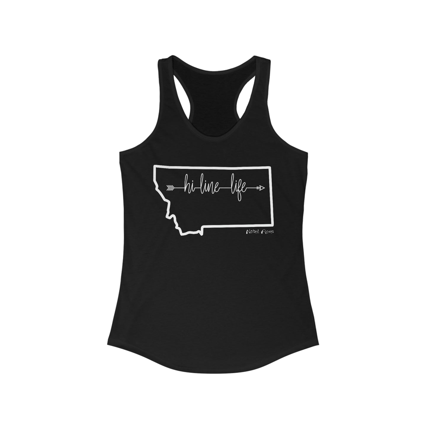 Naked Acres Hi-Line Life MT Women's Ideal Racerback Tank in Black, Heather Grey, Warm Grey, Military Green, and Indigo