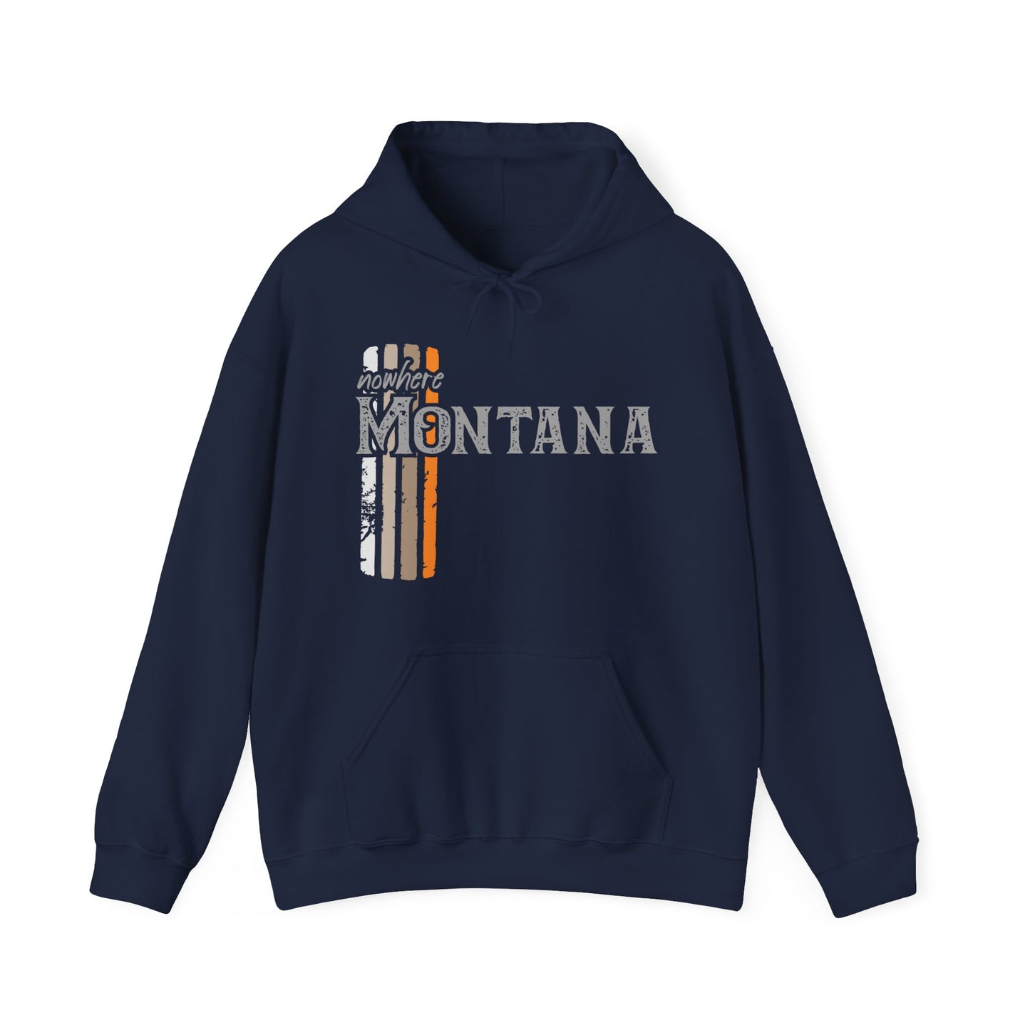 Naked Acres Nowhere Montana Adult Unisex Heavy Blend™ Hooded Sweatshirt in White, Black, Sand, Military Green, Dark Heather, and Navy