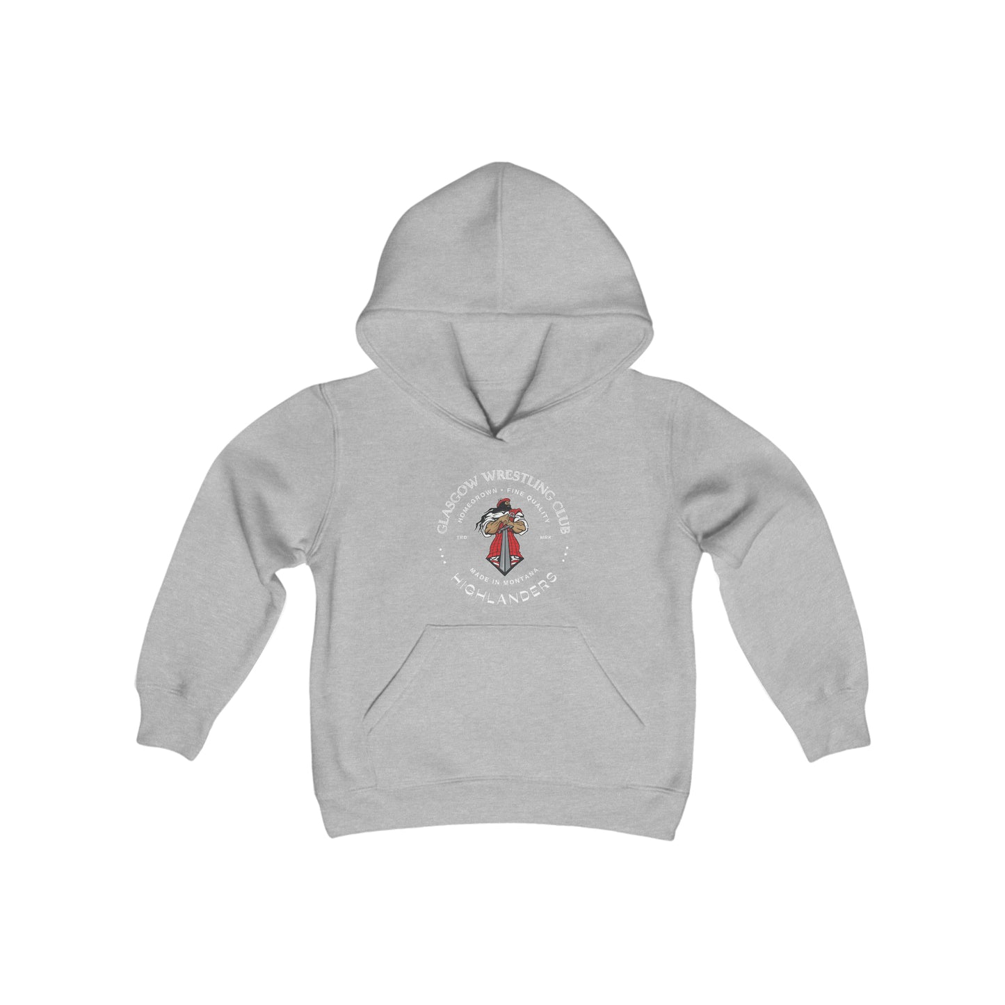 Glasgow Highlanders for him Trademark Youth Heavy Blend Hooded Sweatshirt in White, Sport Grey, or Red