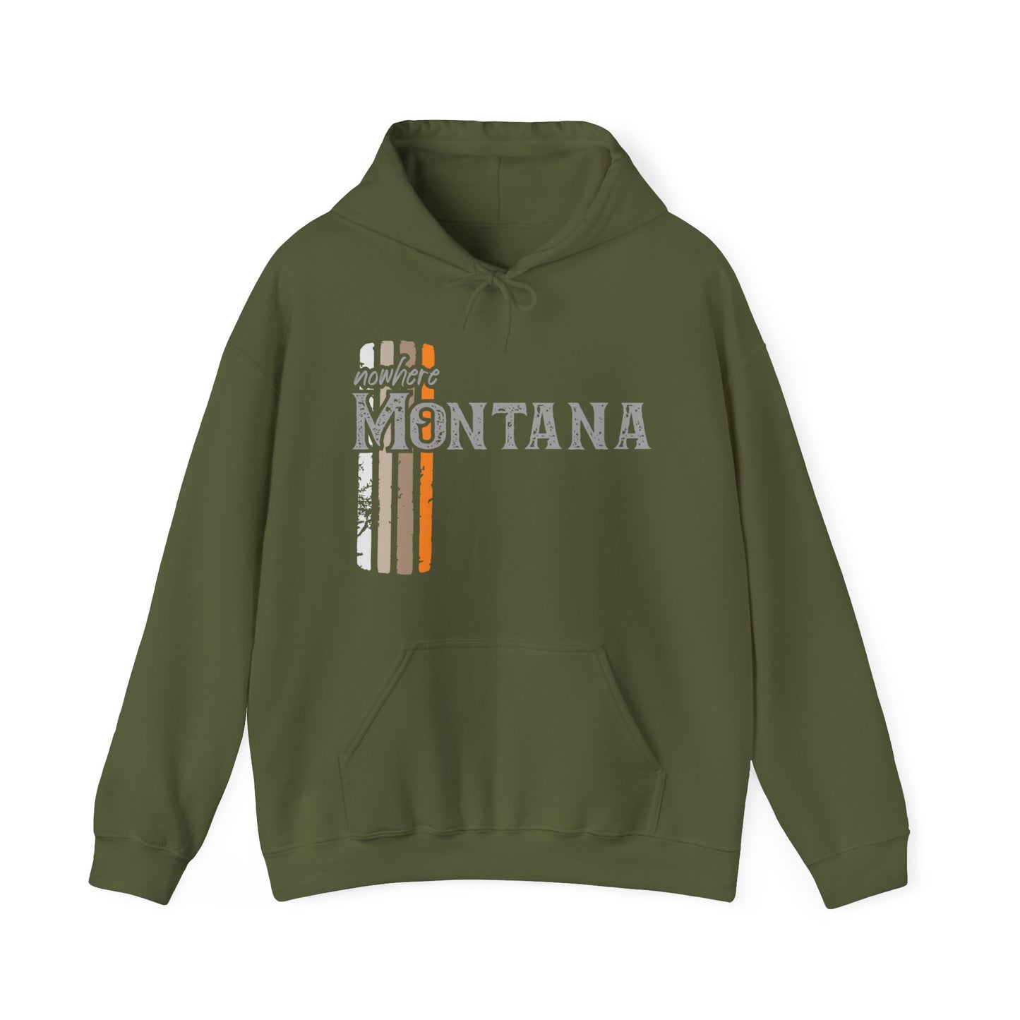 Naked Acres Nowhere Montana Adult Unisex Heavy Blend™ Hooded Sweatshirt in White, Black, Sand, Military Green, Dark Heather, and Navy