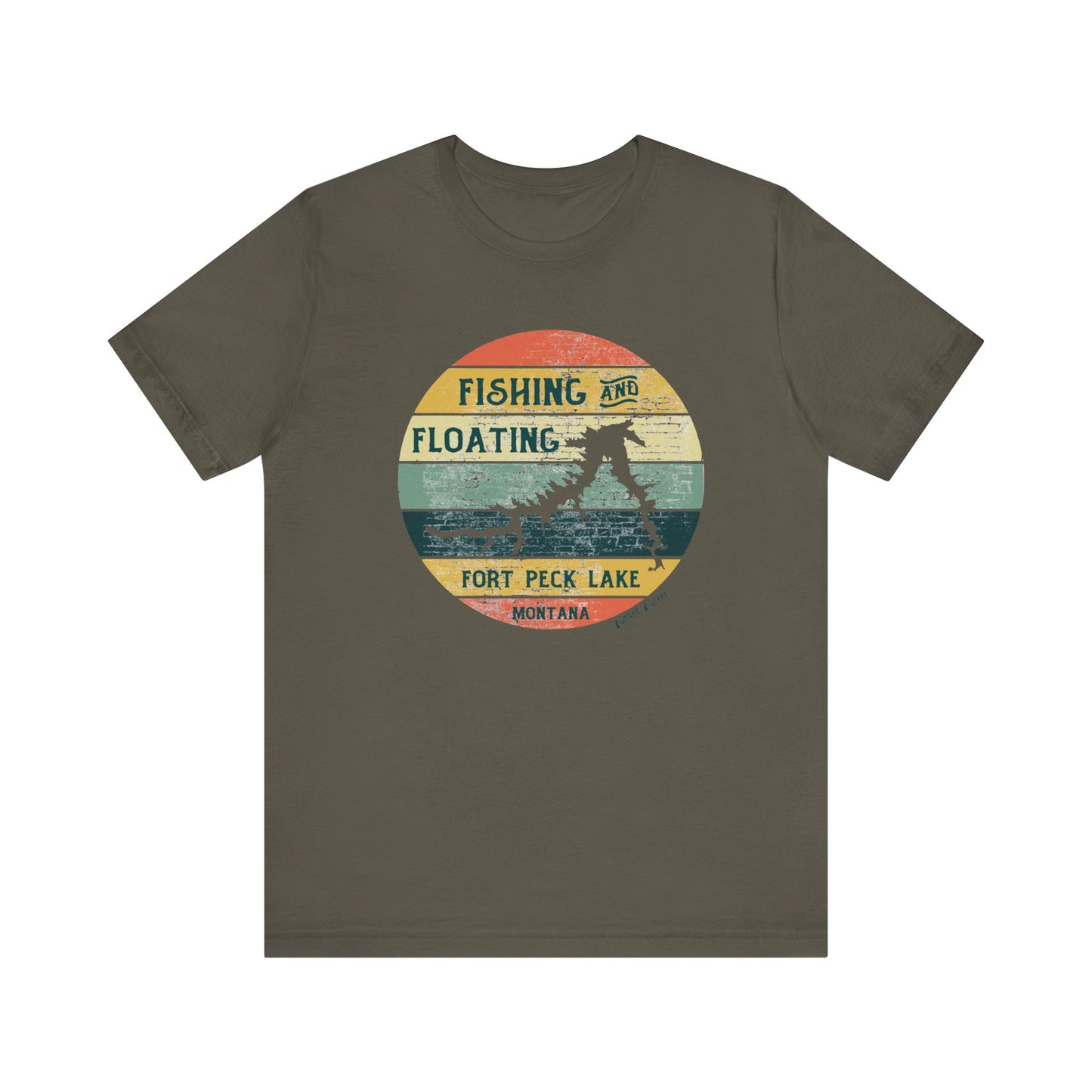 Naked Acres Fishing and Floating Fort Peck Lake MT Adult Unisex Jersey Short Sleeve Tee in White, Natural, Silver, Heather Olive, Army, and Heather Ice Blue