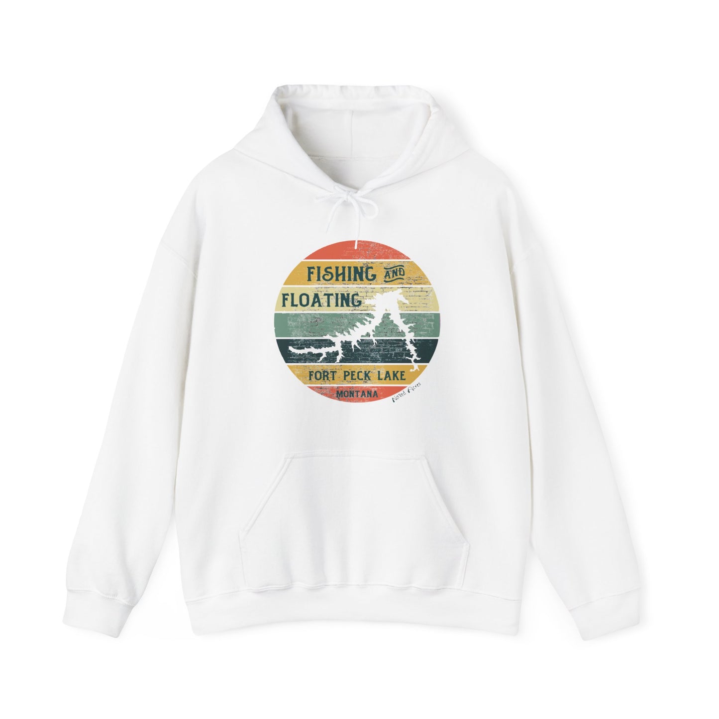 Naked Acres Fishing and Floating Fort Peck Lake MT Adult Unisex Heavy Blend™ Hooded Sweatshirt in White, Ash, Sand, Forest Green, Light Blue, and Navy