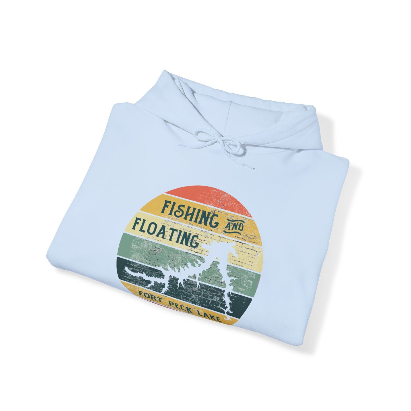 Naked Acres Fishing and Floating Fort Peck Lake MT Adult Unisex Heavy Blend™ Hooded Sweatshirt in White, Ash, Sand, Forest Green, Light Blue, and Navy