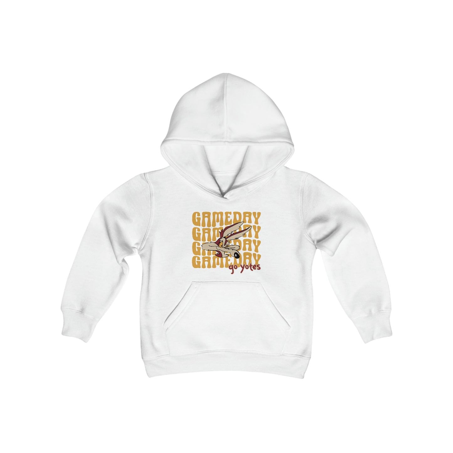 Shelby Coyote Gameday Youth Heavy Blend Hooded Sweatshirt in White, Black, Dark Heather, or Grey