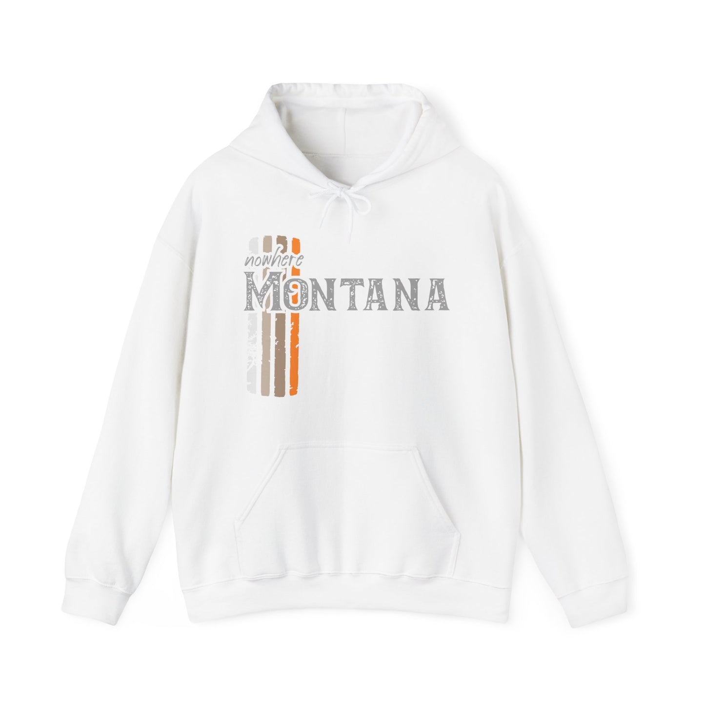 Naked Acres Nowhere Montana Adult Unisex Heavy Blend™ Hooded Sweatshirt in White, Black, Sand, Military Green, Dark Heather, and Navy