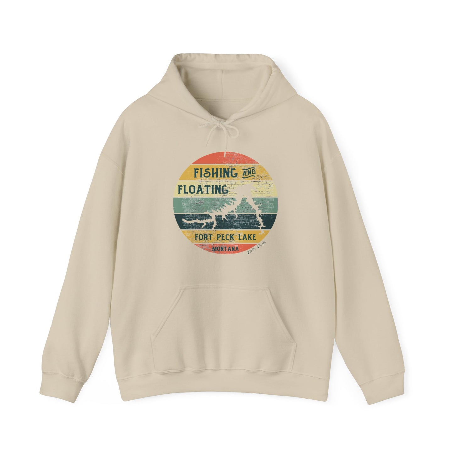 Naked Acres Fishing and Floating Fort Peck Lake MT Adult Unisex Heavy Blend™ Hooded Sweatshirt in White, Ash, Sand, Forest Green, Light Blue, and Navy