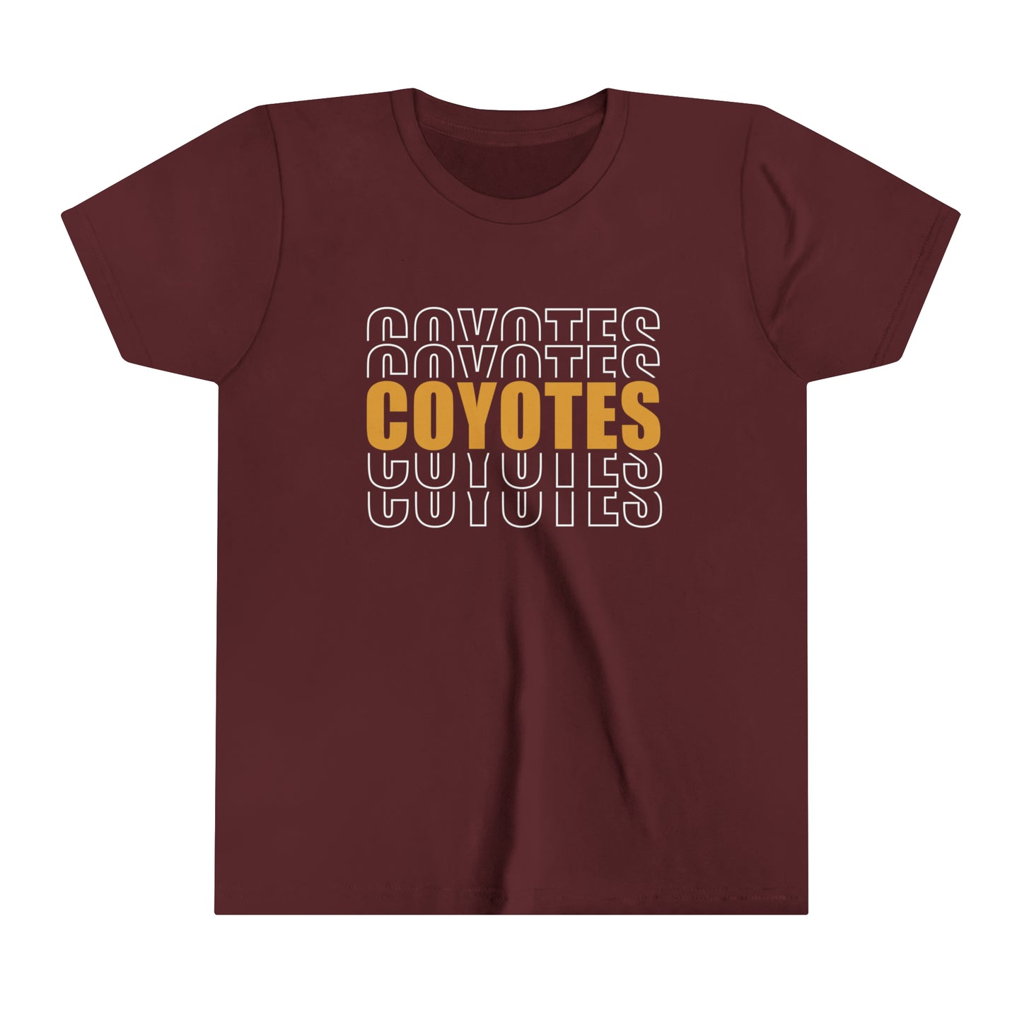 Shelby Coyotes Stacked Outline Youth Short Sleeve Tee in Maroon