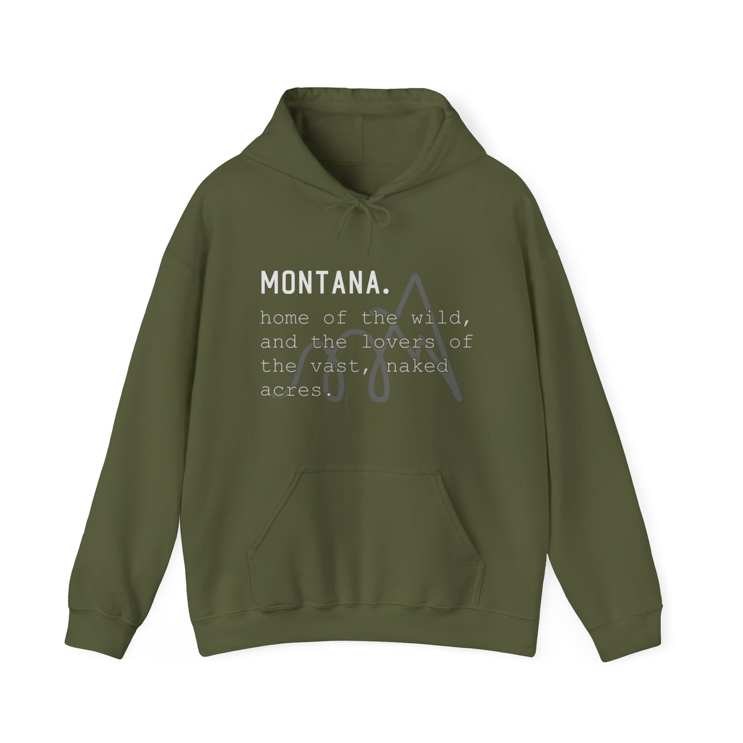 Naked Acres Montana Adult Unisex Heavy Blend™ Hooded Sweatshirt in Black, Military Green, Dark Heather, and Navy