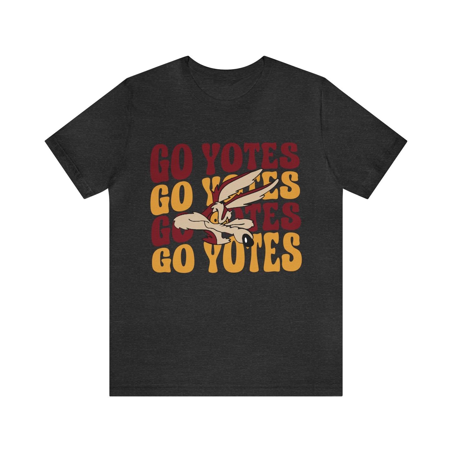 Shelby Coyotes Go Yotes with Mascot Adult Unisex Jersey Short Sleeve Tee in Black, White, Ash, or Natural, Dark Heather