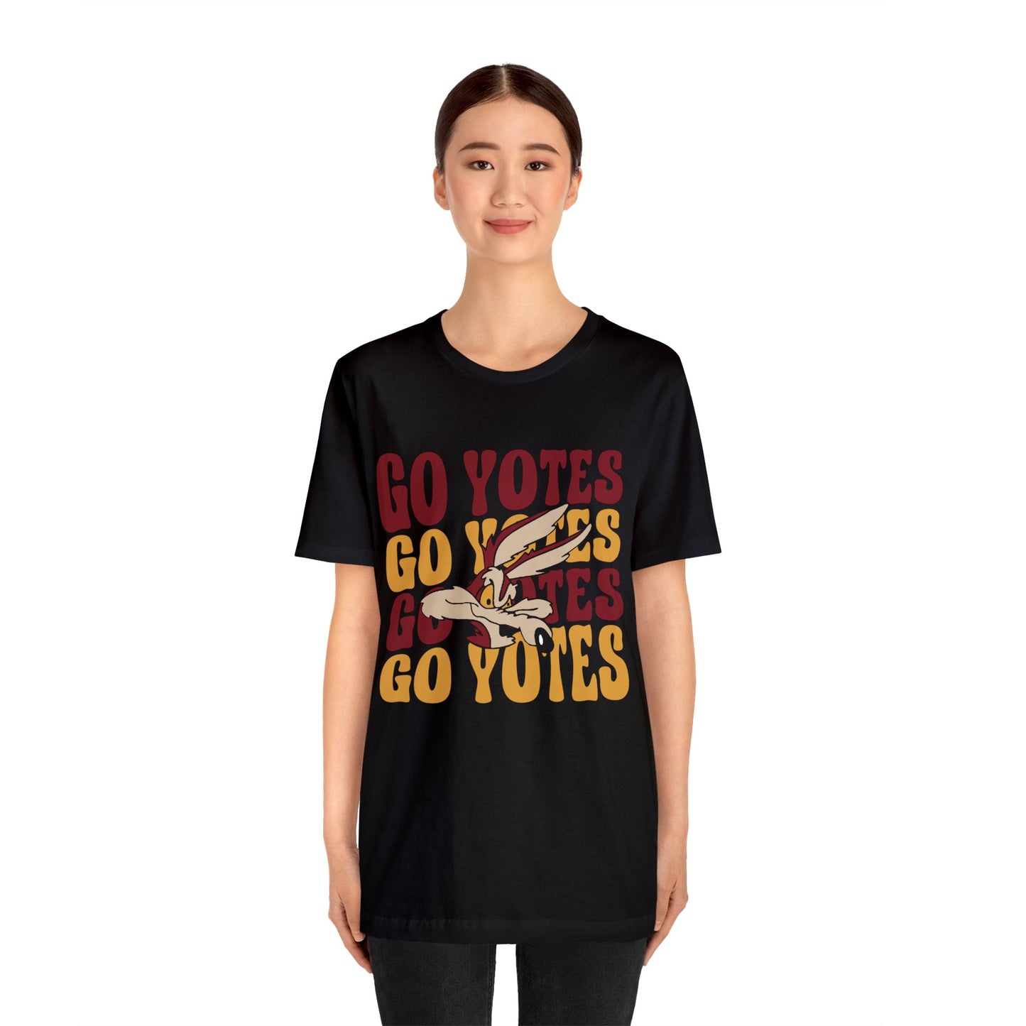 Shelby Coyotes Go Yotes with Mascot Adult Unisex Jersey Short Sleeve Tee in Black, White, Ash, or Natural, Dark Heather