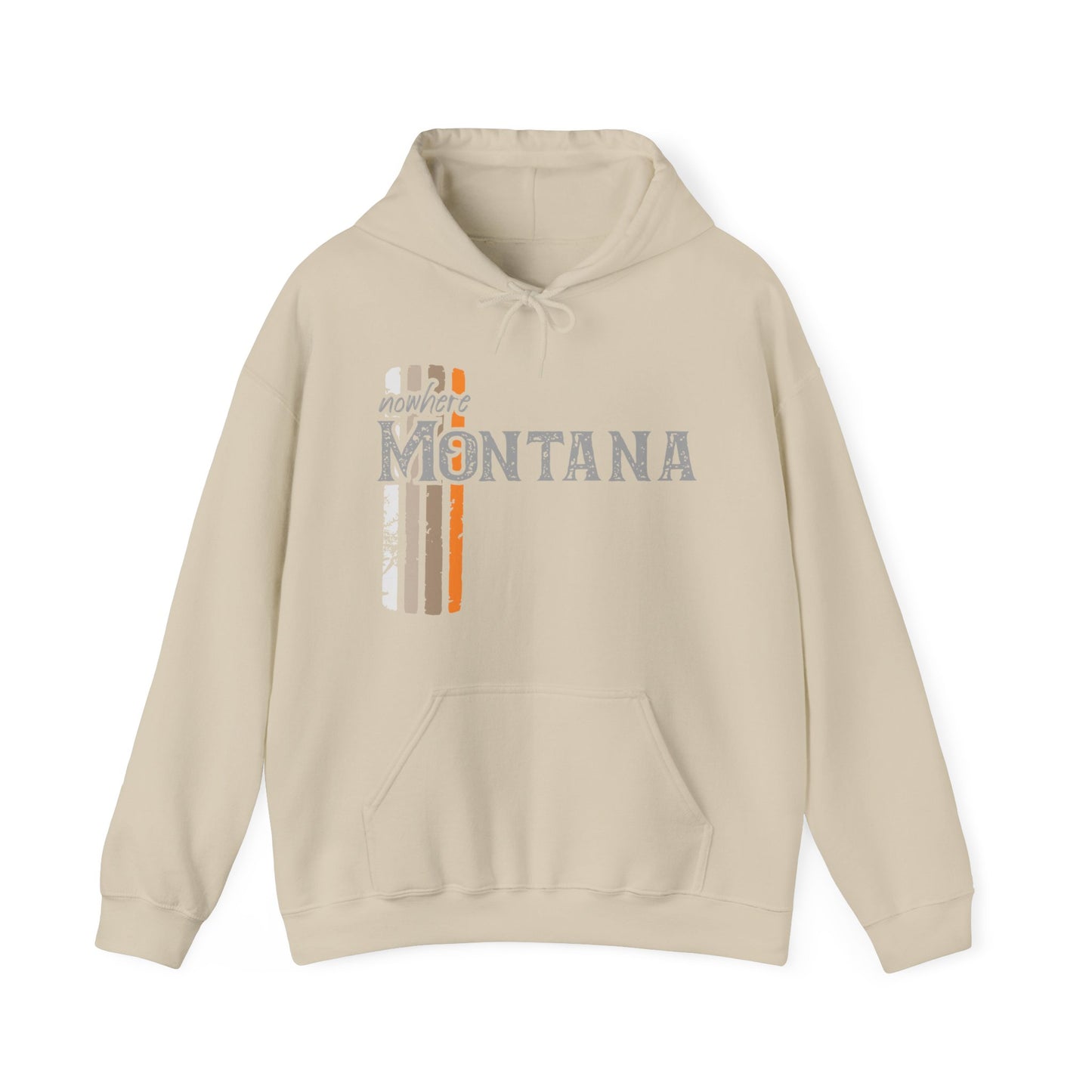 Naked Acres Nowhere Montana Adult Unisex Heavy Blend™ Hooded Sweatshirt in White, Black, Sand, Military Green, Dark Heather, and Navy