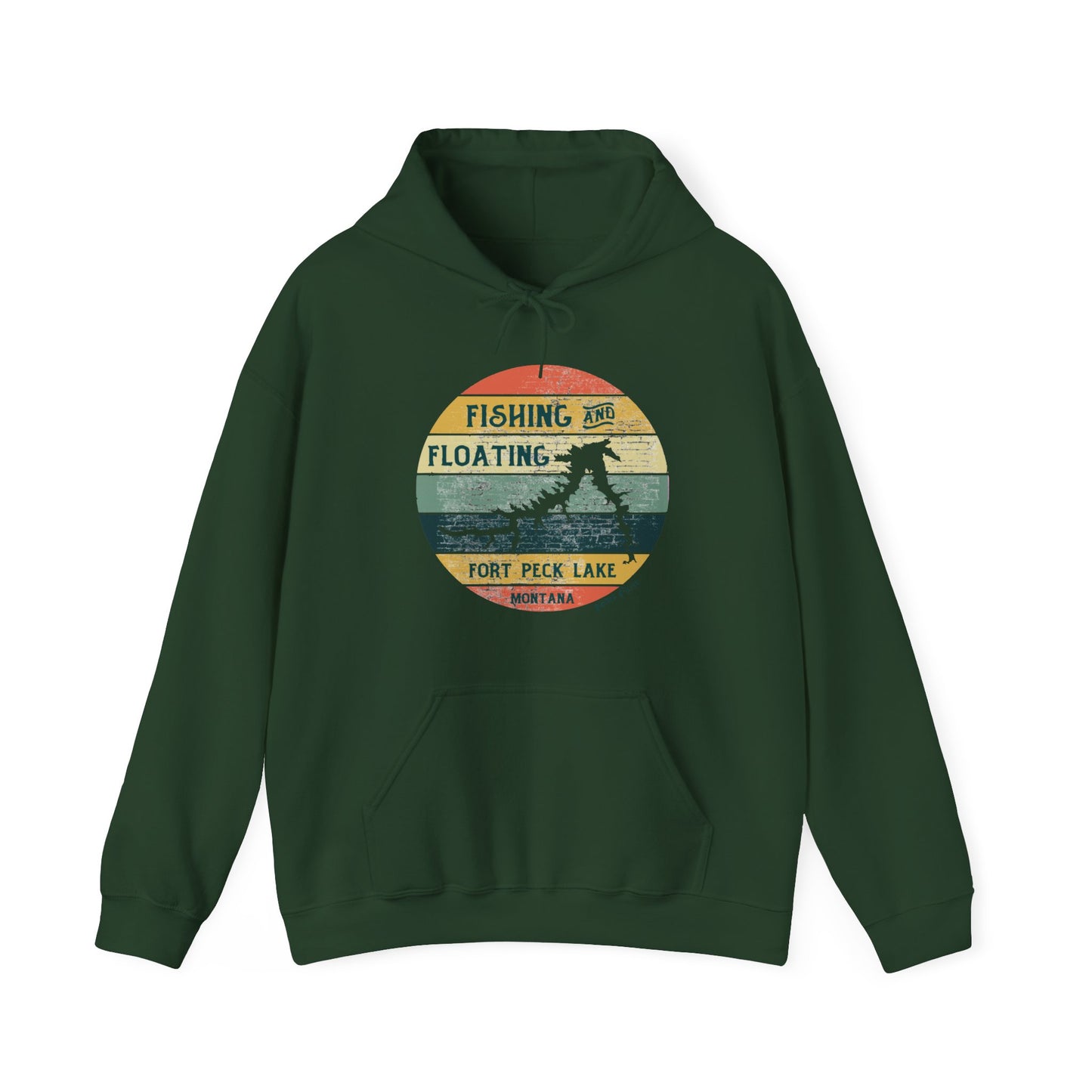 Naked Acres Fishing and Floating Fort Peck Lake MT Adult Unisex Heavy Blend™ Hooded Sweatshirt in White, Ash, Sand, Forest Green, Light Blue, and Navy