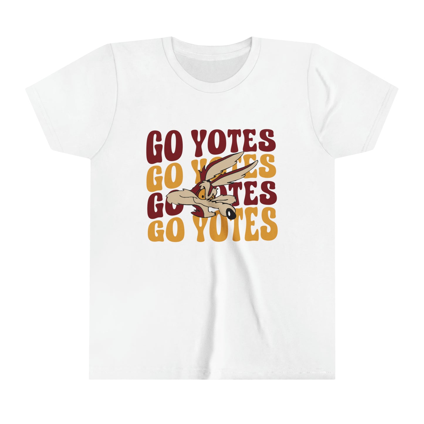 Shelby Coyotes Go Yotes with Mascot Youth Short Sleeve Tee in Black, White, Ash, and Natural, Dark Heather