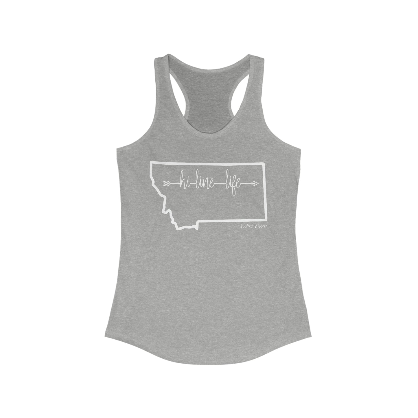 Naked Acres Hi-Line Life MT Women's Ideal Racerback Tank in Black, Heather Grey, Warm Grey, Military Green, and Indigo