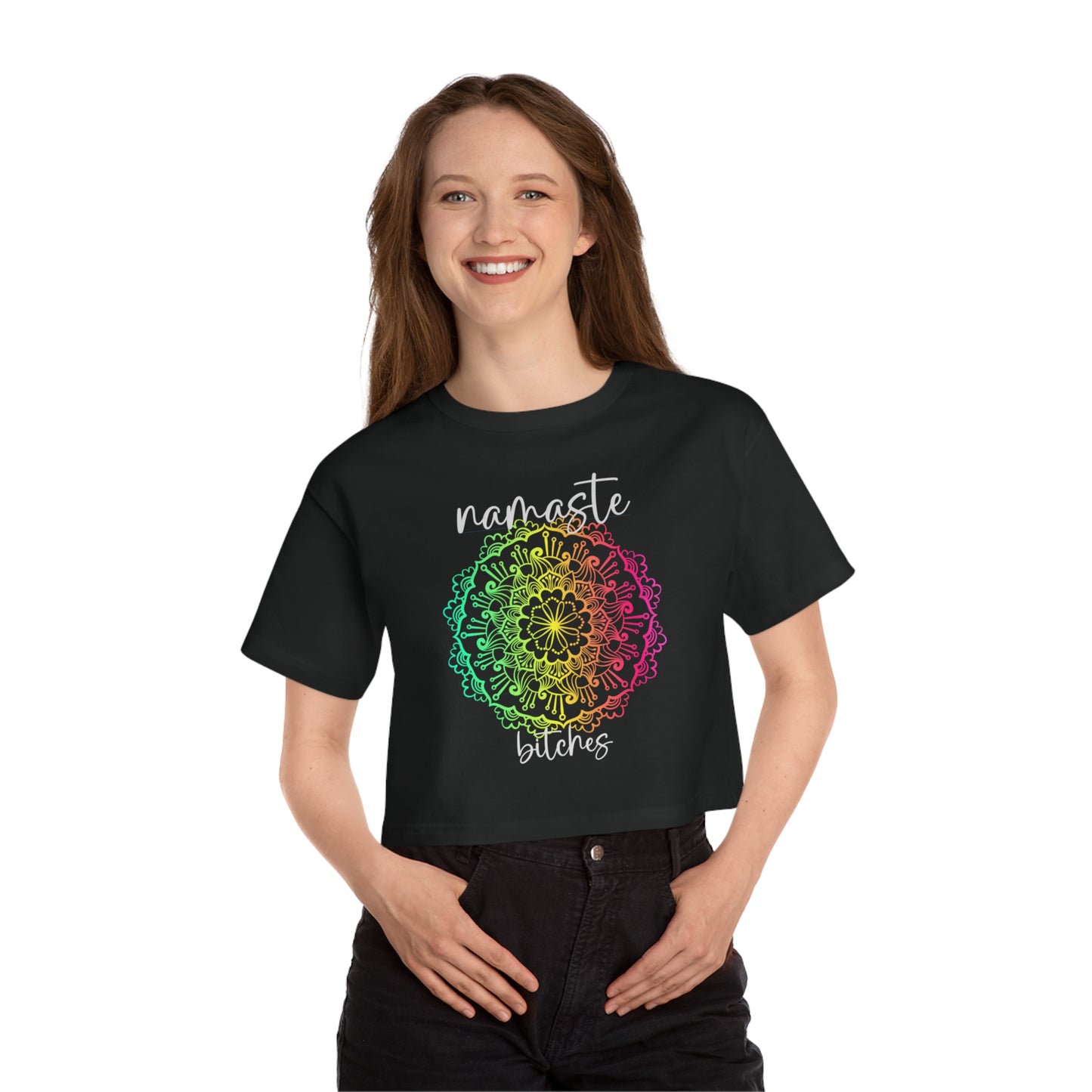 SolLingo Namaste Bitches Champion Women's Heritage Cropped T-Shirt in Black or Grey