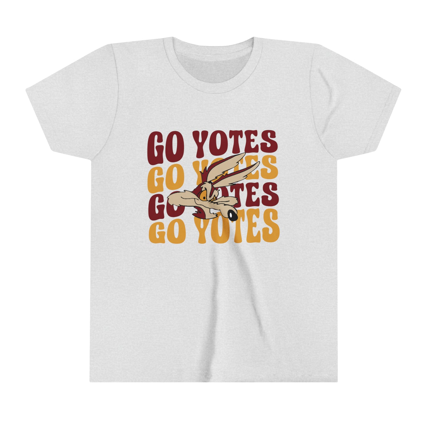 Shelby Coyotes Go Yotes with Mascot Youth Short Sleeve Tee in Black, White, Ash, and Natural, Dark Heather