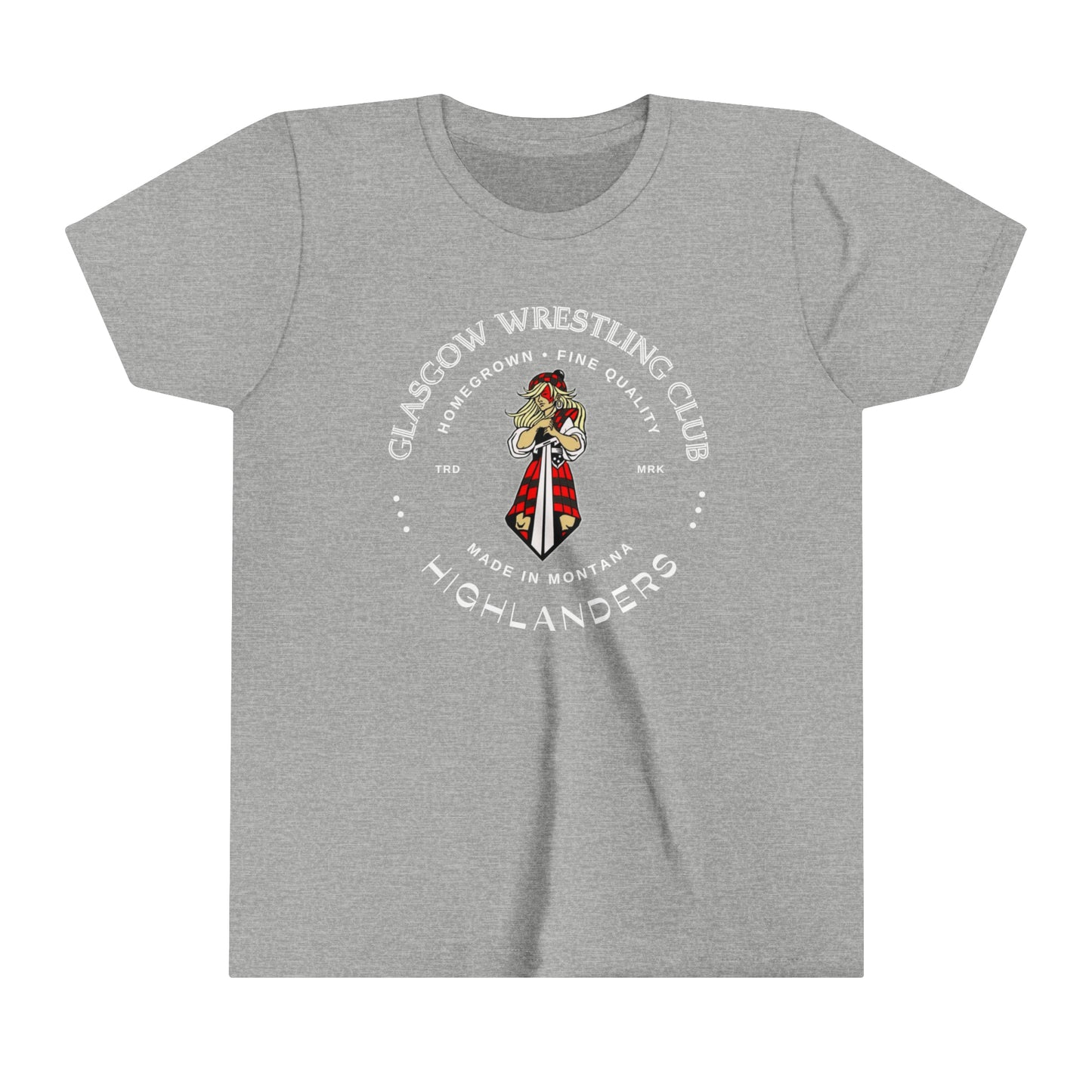 Glasgow Highlanders for her TradeMark Youth Short Sleeve Tee in Black, Dark Grey Heather, Athletic Heather, or Heather Red