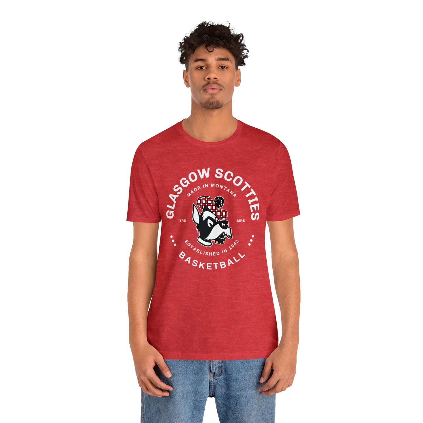 Glasgow Scotties Basketball Trademark Adult Unisex Jersey Short Sleeve Tee in Black, Red or Heather Red