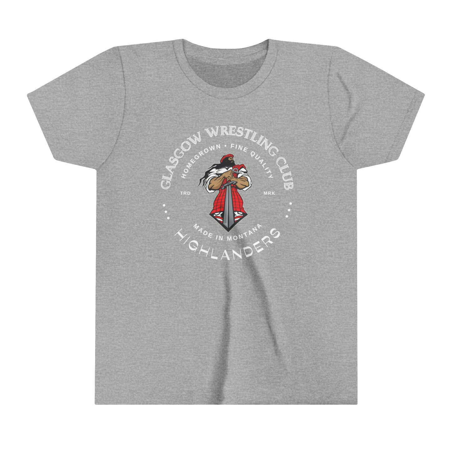 Glasgow Highlanders for him Trade Mark Youth Short Sleeve Tee in Black, Dark Grey Heather, Athletic Heather, or Heather Red