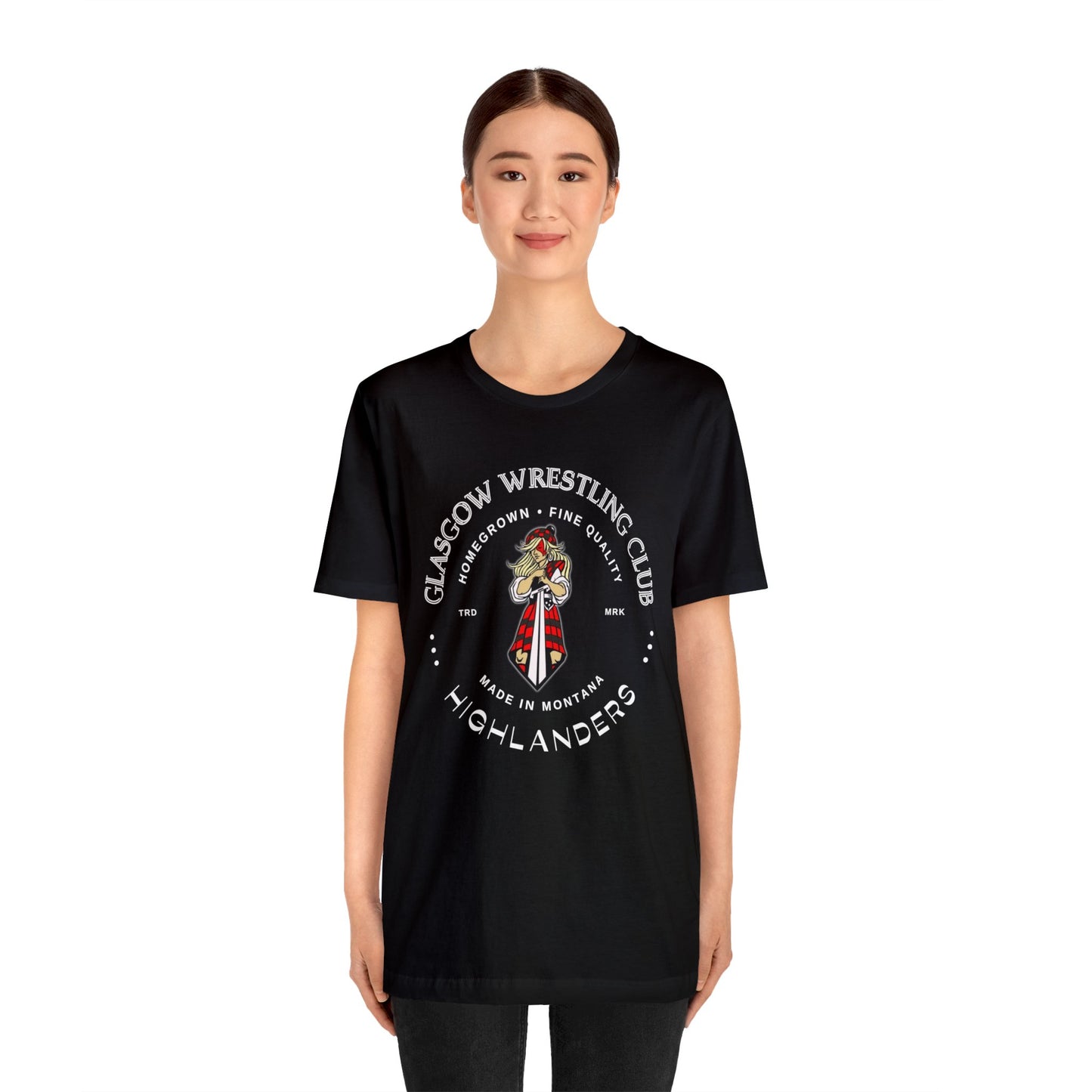 Glasgow Highlanders for her Trademark Adult Unisex Jersey Short Sleeve Tee in Black, Athletic Heather, Dark Grey Heather, or Heather Red