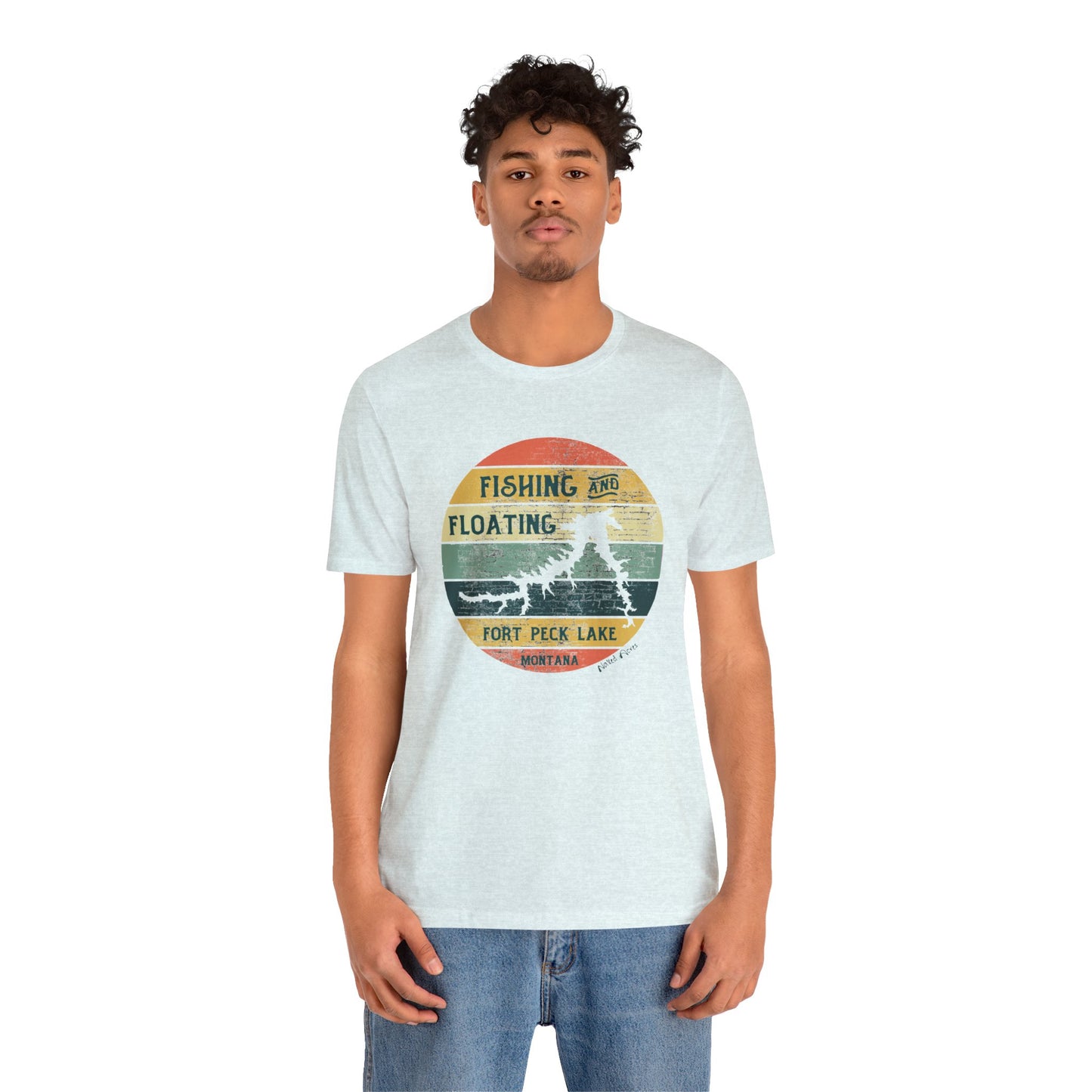 Naked Acres Fishing and Floating Fort Peck Lake MT Adult Unisex Jersey Short Sleeve Tee in White, Natural, Silver, Heather Olive, Army, and Heather Ice Blue