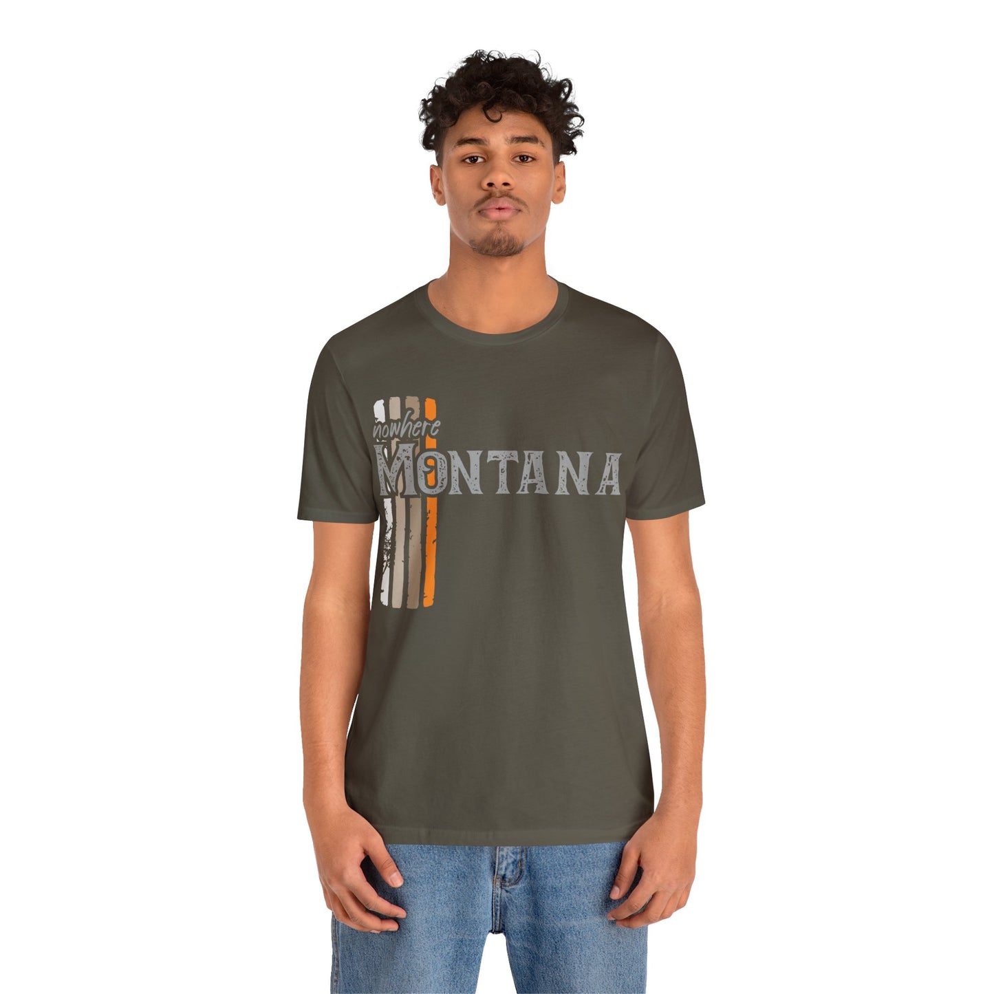 Naked Acres Nowhere Montana Adult Unisex Jersey Short Sleeve Tee in White, Natural, Heather Olive, and Army