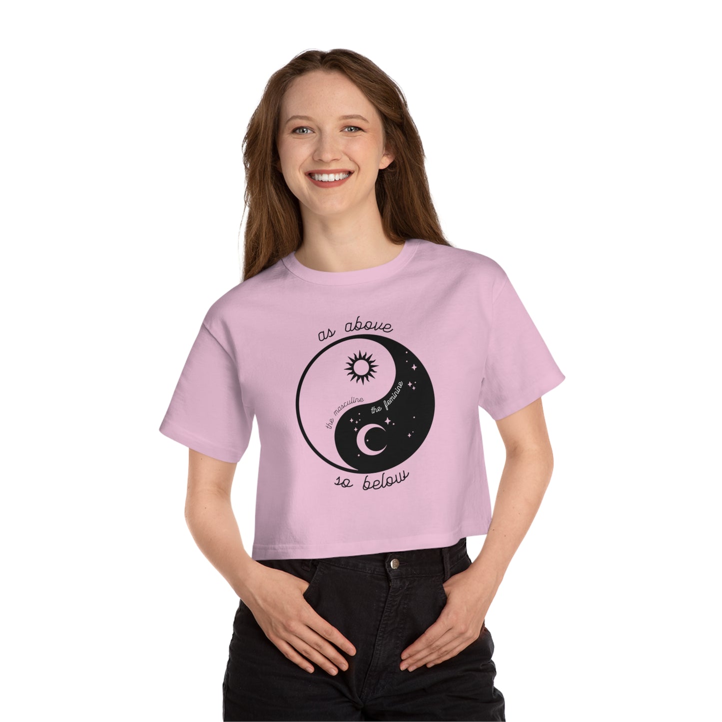 SolLingo Yin Yang As Above So Below Champion Women's Heritage Cropped T-Shirt in Pink, White or Grey