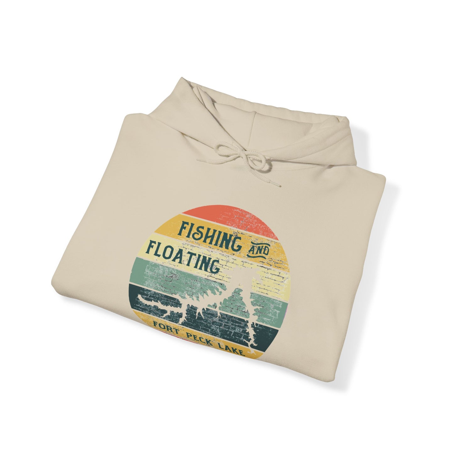 Naked Acres Fishing and Floating Fort Peck Lake MT Adult Unisex Heavy Blend™ Hooded Sweatshirt in White, Ash, Sand, Forest Green, Light Blue, and Navy