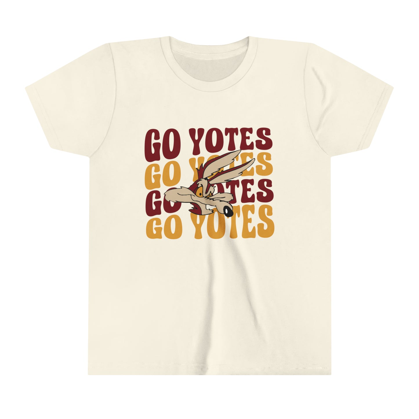 Shelby Coyotes Go Yotes with Mascot Youth Short Sleeve Tee in Black, White, Ash, and Natural, Dark Heather