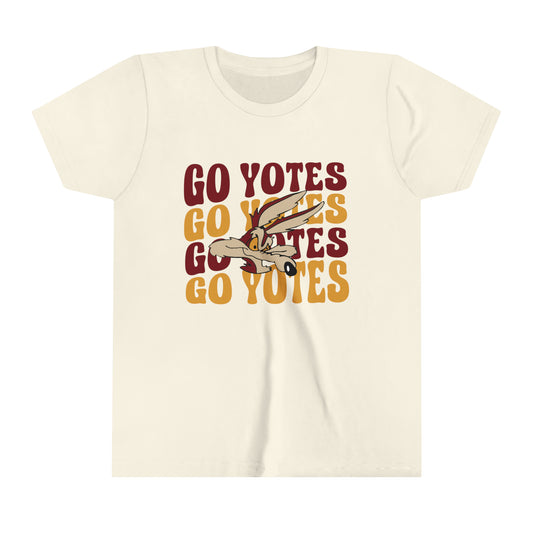 Shelby Coyotes Go Yotes with Mascot Youth Short Sleeve Tee in Black, White, Ash, and Natural, Dark Heather