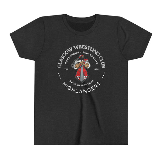 Glasgow Highlanders for him Trade Mark Youth Short Sleeve Tee in Black, Dark Grey Heather, Athletic Heather, or Heather Red