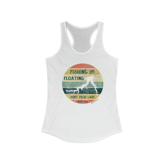 Naked Acres Fishing and Floating Fort Peck Lake MT Women's Ideal Racerback Tank in White, Heather Grey, Warm Grey, Military Green, and Indigo