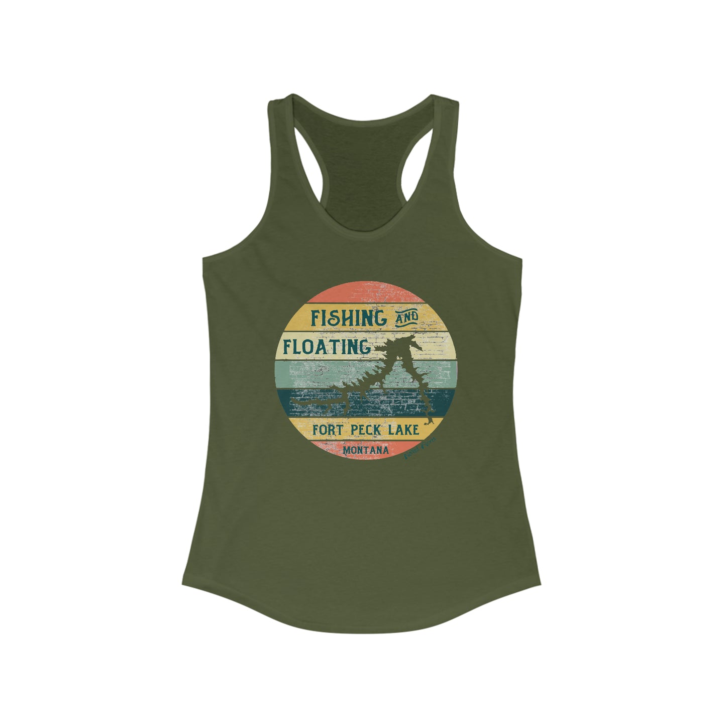 Naked Acres Fishing and Floating Fort Peck Lake MT Women's Ideal Racerback Tank in White, Heather Grey, Warm Grey, Military Green, and Indigo