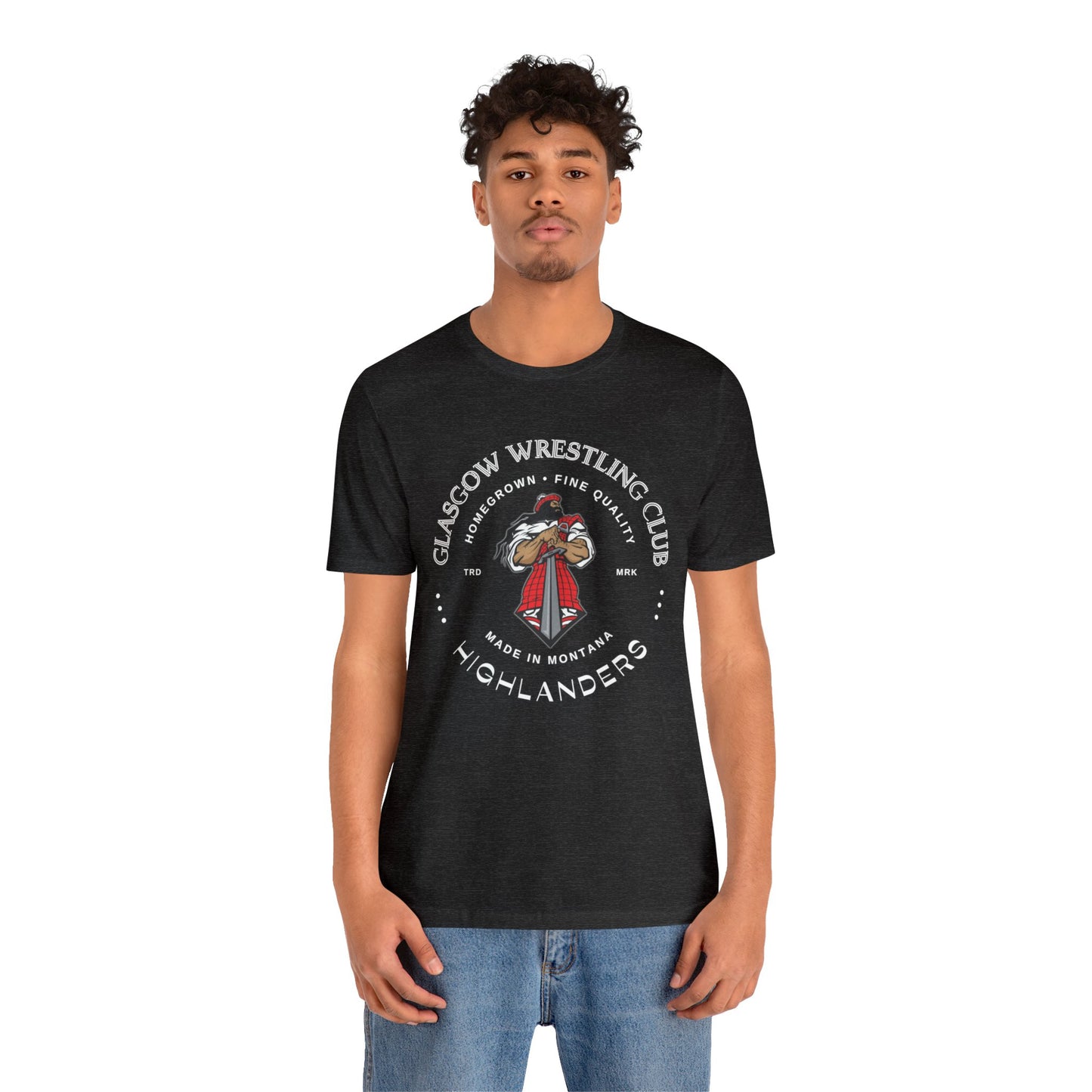 Glasgow Highlanders for him Trade Mark Adult Unisex Jersey Short Sleeve Tee in Black, Athletic Heather, Dark Grey Heather, or Heather Red