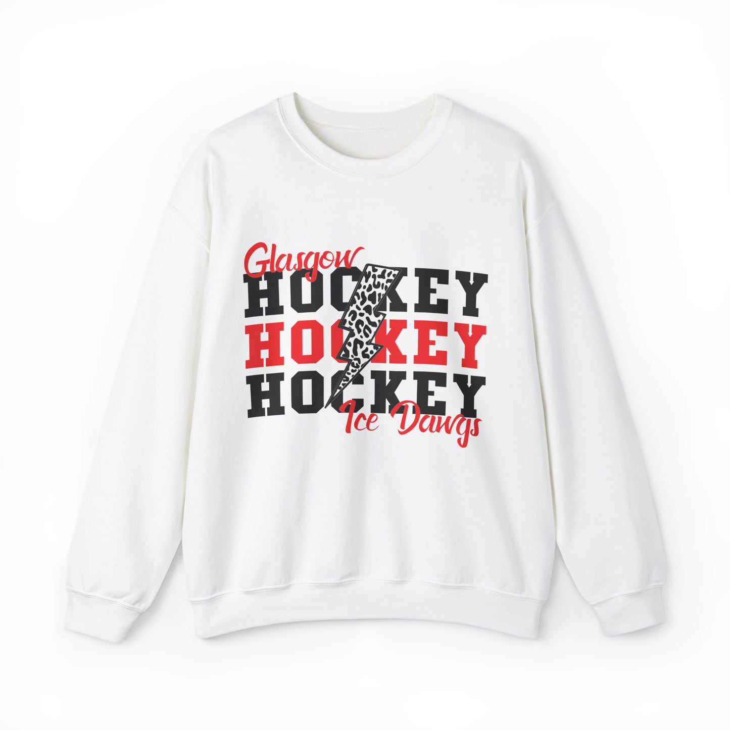 Glasgow Ice Dawgs Leopard Lightning Adult Unisex Heavy Blend™ Crewneck Sweatshirt in White or Grey