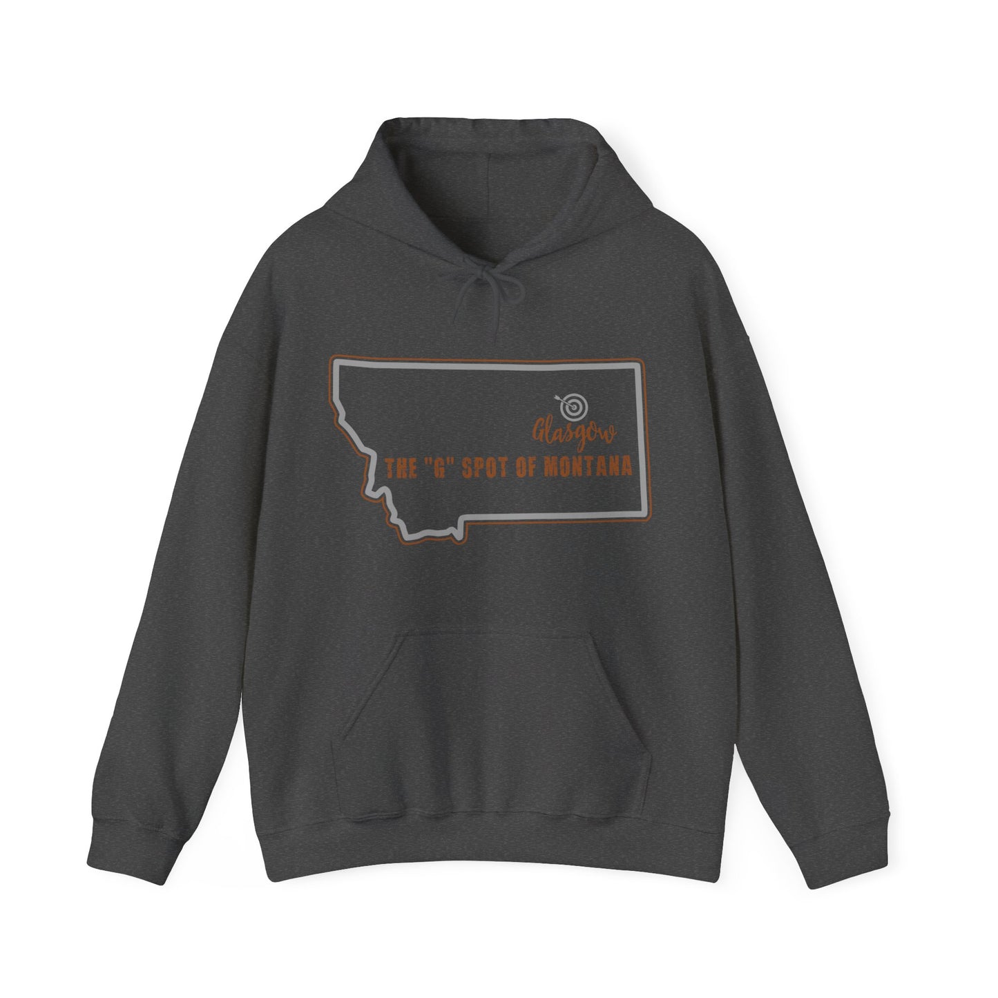 Naked Acres The "G" Spot of Montana Adult Unisex Heavy Blend™ Hooded Sweatshirt in White, Black, Sand, Military Green, Dark Heather, and Navy